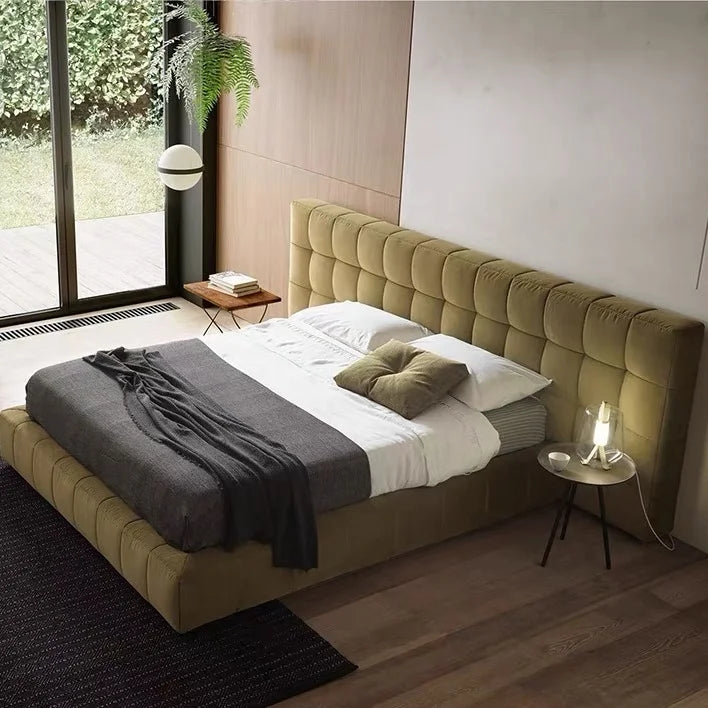 Minimalist Tofu Block Velvet Bed – Dark Khaki Upholstered Platform Frame