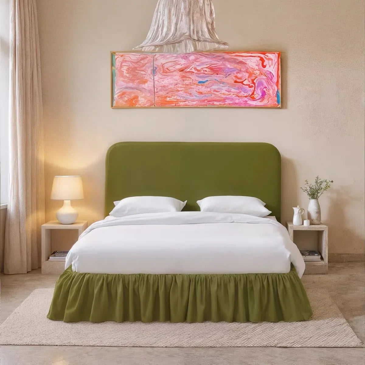 Velvet Upholstered Bed – Retro Hemmed Green Finish French Minimalist Statement Piece