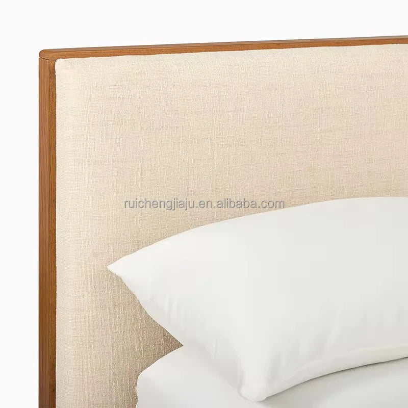 Italian Designer King-Size Bed – Modern Minimalist Upholstered Frame in Cream Fabric