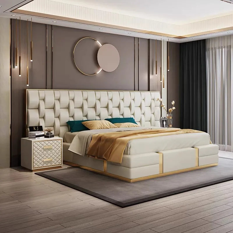 Italian Designer Upholstered Bed – Wide-screen Leather Headboard, Metal Statement Piece | q-020528