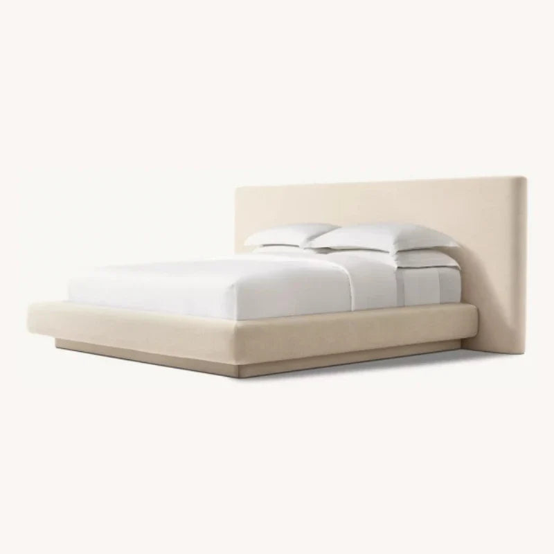 Upholstered Panel Bed with Extended Headboard – Linen Fabric Mulholland Mid-Century Modern Statement Piece