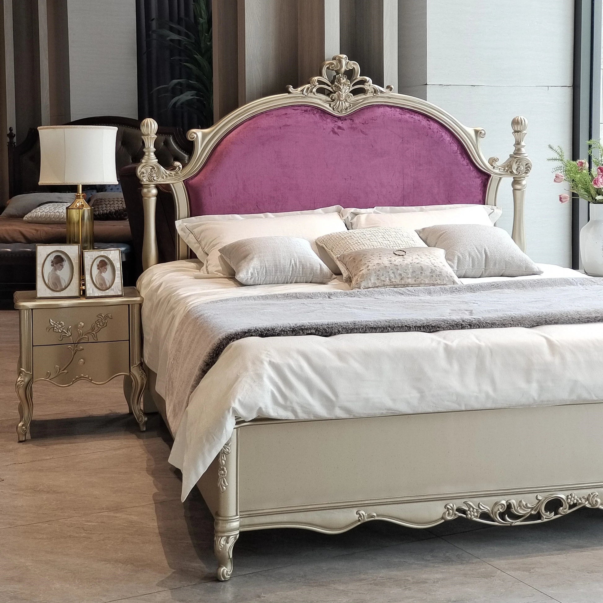Upholstered Bed with Carved Solid Wood Frame – Velvet Vintage Statement Piece | 26-276