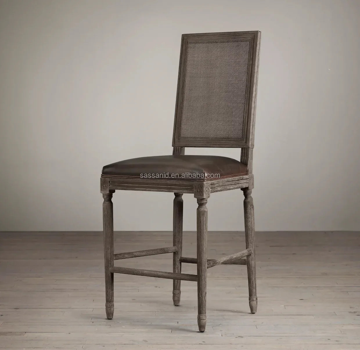 Vintage French Cane Back Bar Stool – Waxed Grey Oak & Leather Statement Piece