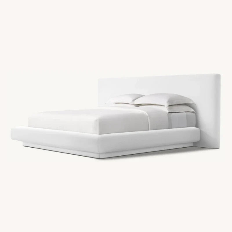 Upholstered Panel Bed with Extended Headboard – Linen Fabric Mulholland Mid-Century Modern Statement Piece