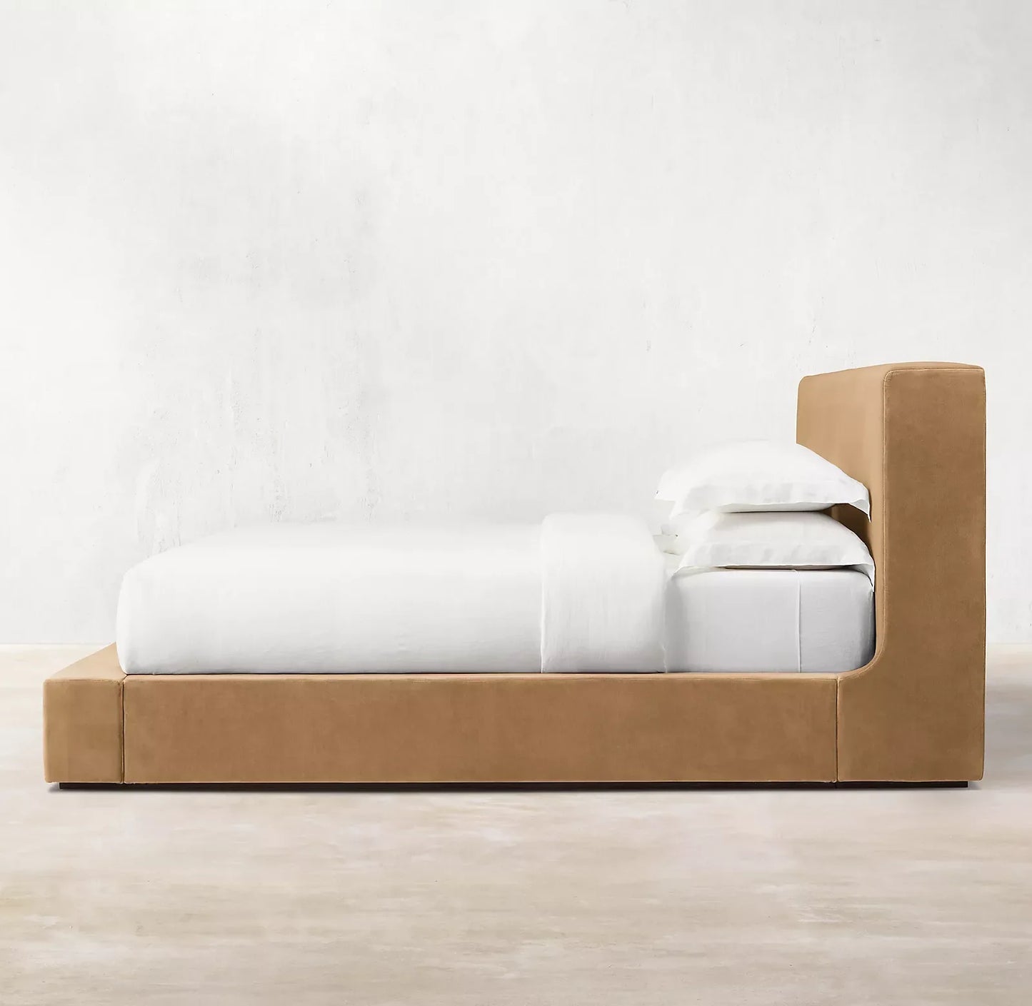 Contemporary Italian Cotton Velvet Platform Bed – Camel Panel | 1600654329684
