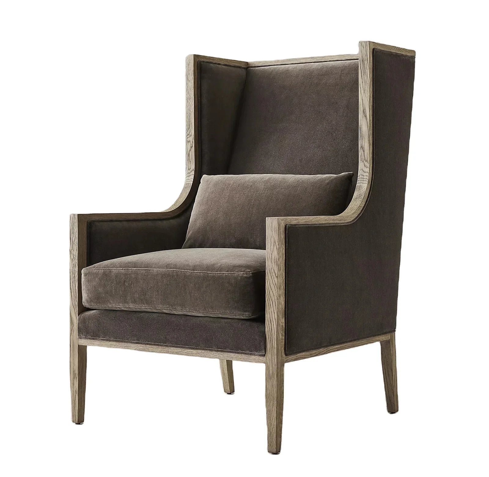 French Contemporary Wingback Chair – Slope Arm Linen or Velvet Statement Piece | 1600407842832
