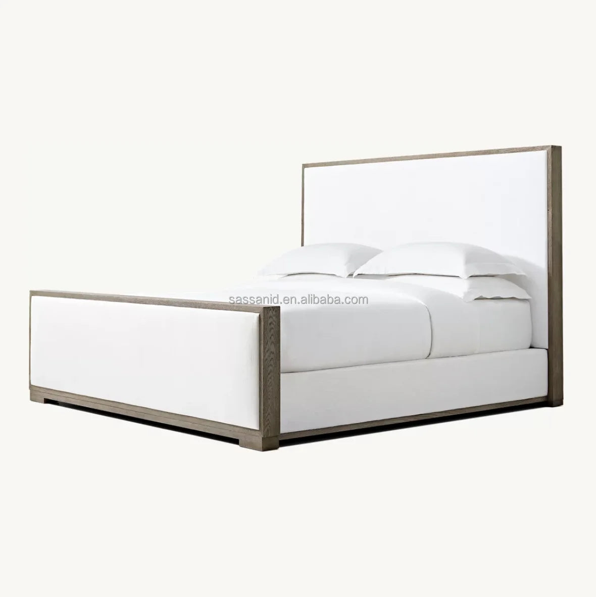 Modena Platform Bed – Tufted Fabric Framed Panel – Grey Oak European Luxury