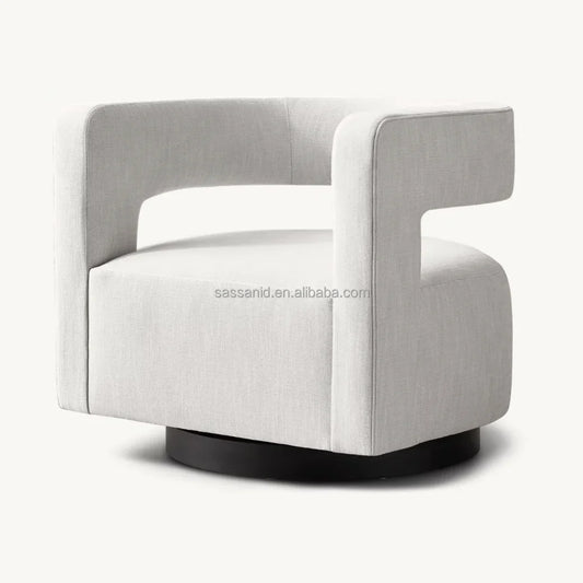 Drew Curved Swivel Chair – Modern Geometric Silhouette with Oak Base