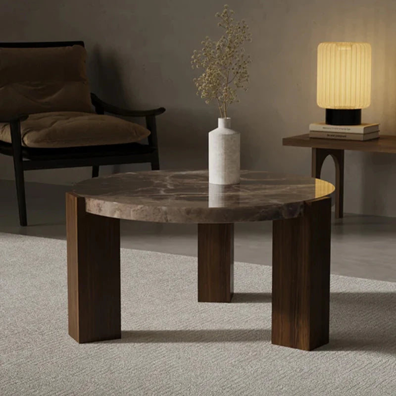 Modern Round Marble Coffee Table Solid Wood Base Minimalist Italian Style