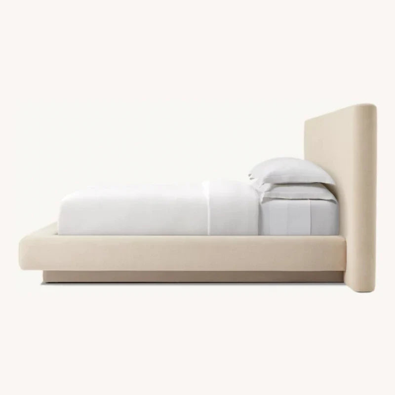 Upholstered Panel Bed with Extended Headboard – Linen Fabric Mulholland Mid-Century Modern Statement Piece