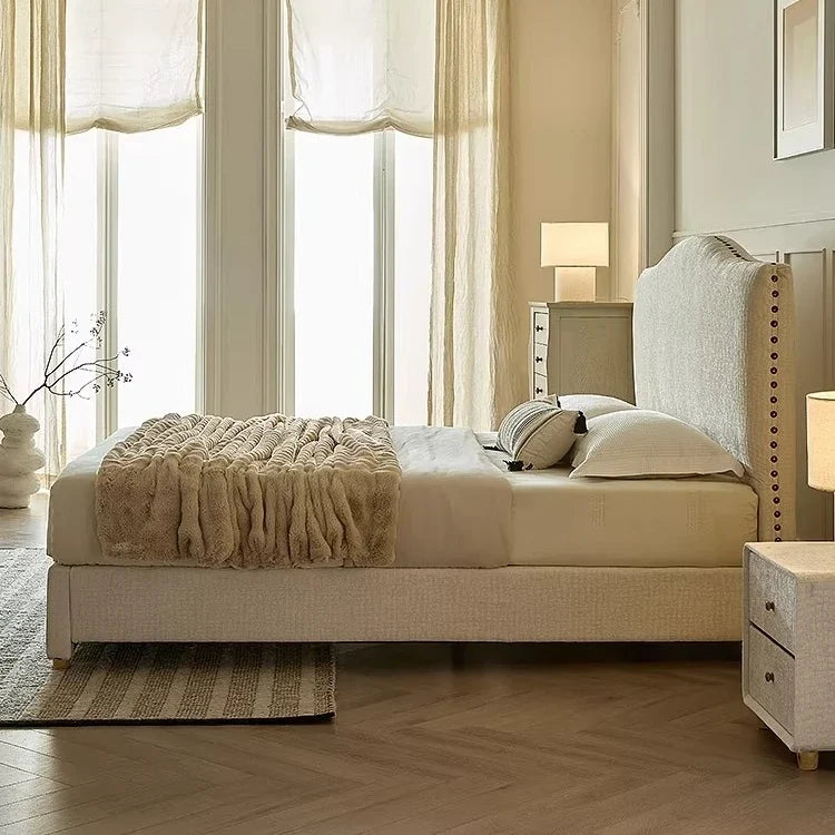 French Provincial Upholstered Bed – Cream Chenille with Willow Border