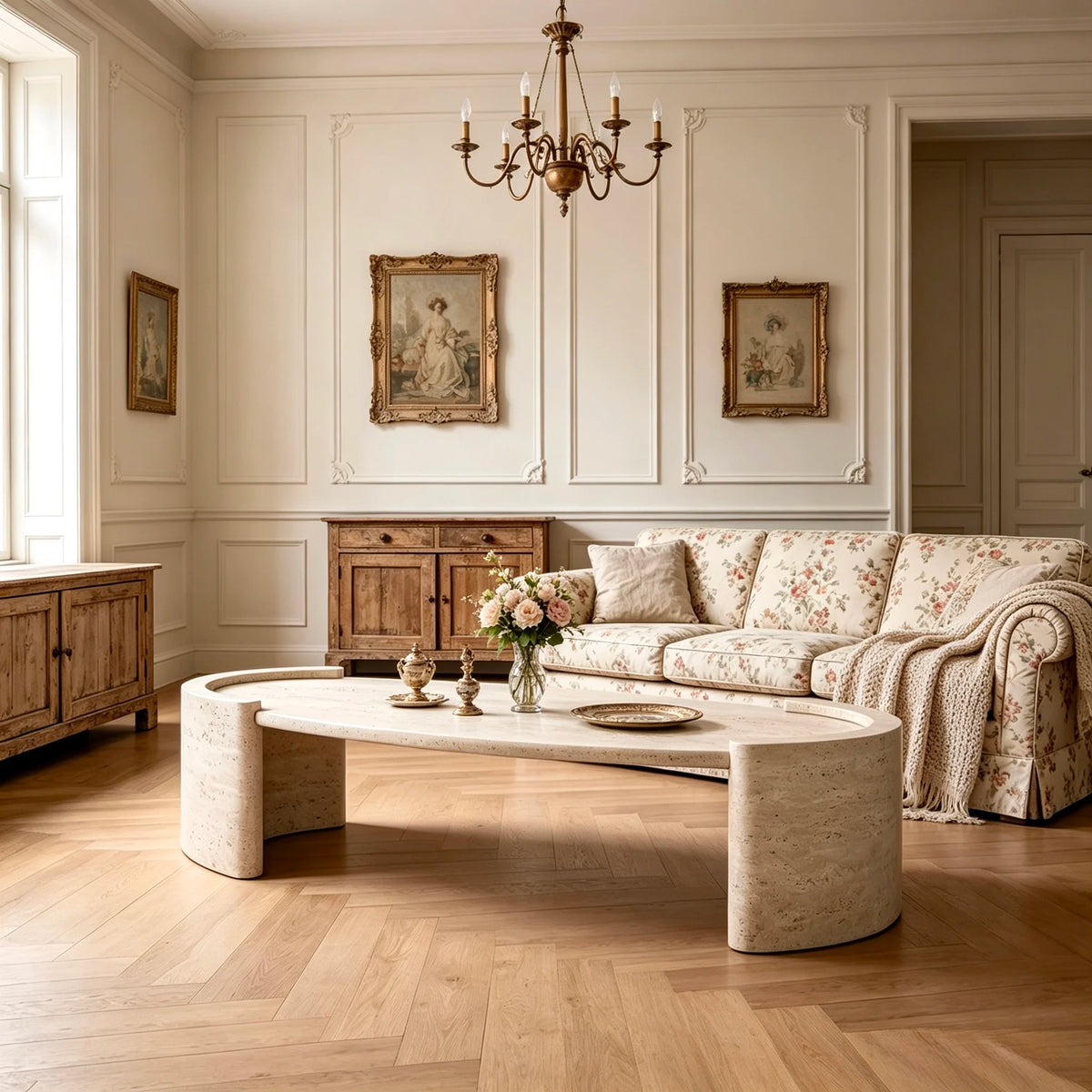 Luxury Oval Travertine Coffee Table Modern Italian Style for Villa