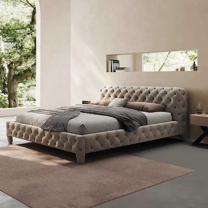 Upholstered Minimalist Bed – Velvet Rice White Italian Statement Piece