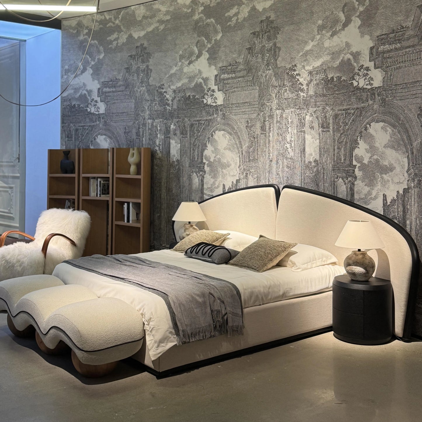 Italian Designer Upholstered Bed – Retro Cream Fabric Double Bed with Soft Headboard