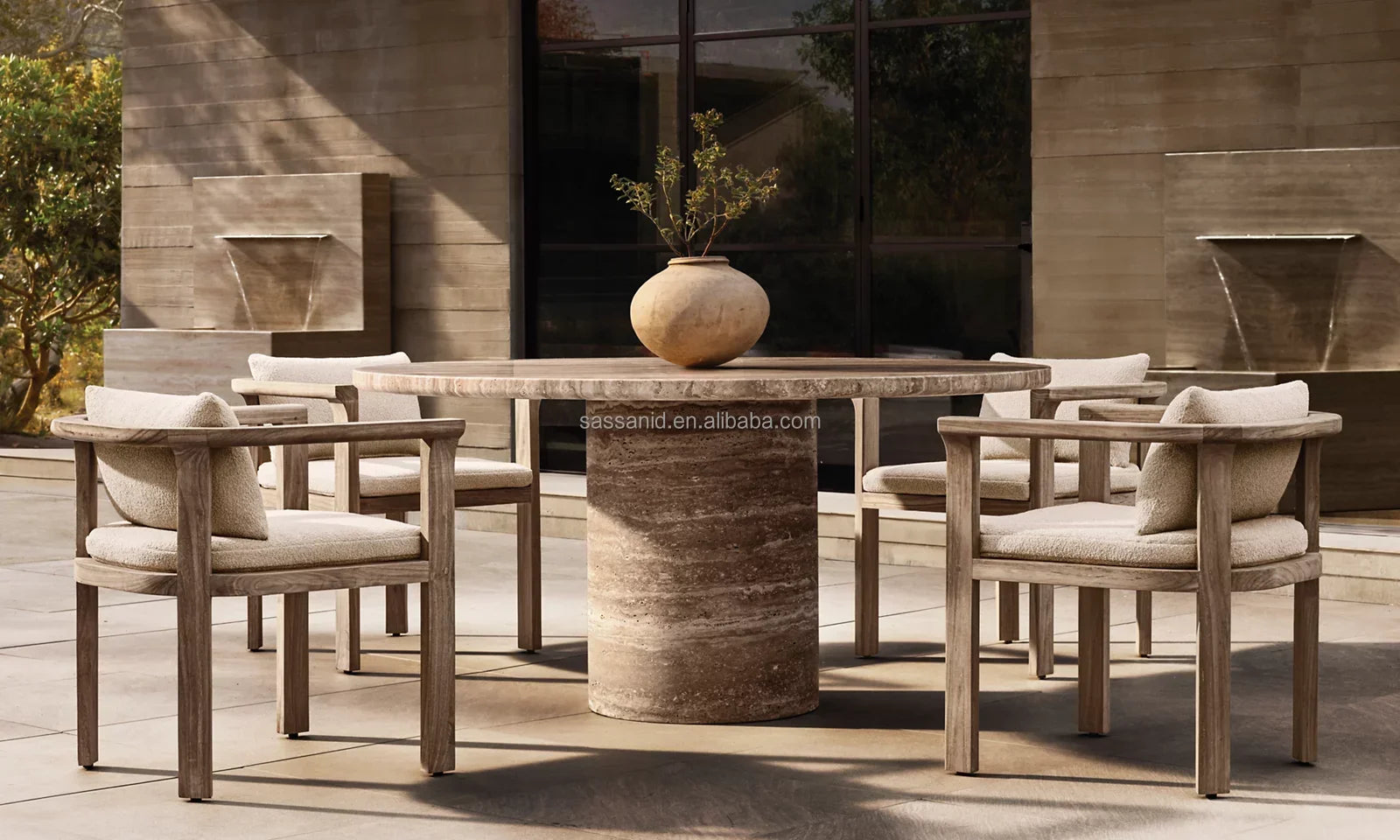 Sassanid Round Dining Table – Sculptural Pedestal Travertine Mid-Century Design