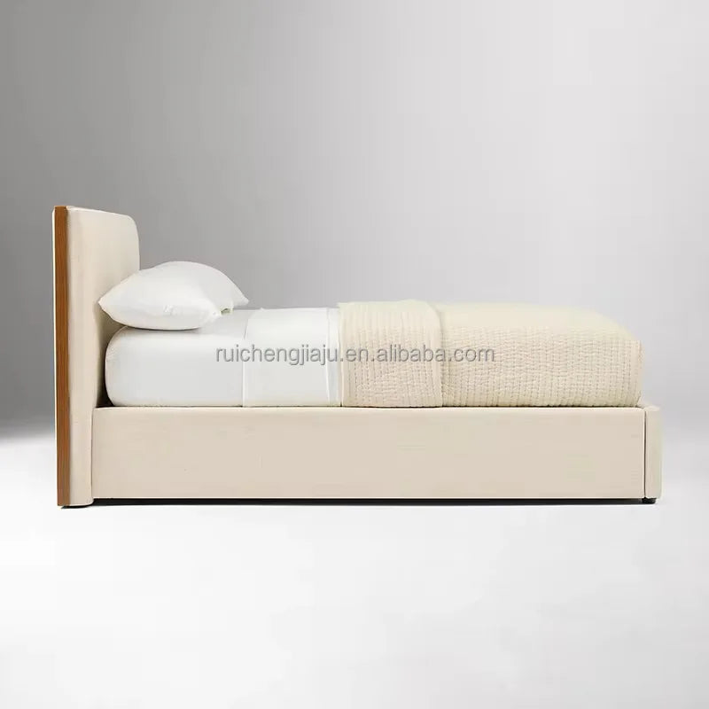 Italian Designer King-Size Bed – Modern Minimalist Upholstered Frame in Cream Fabric