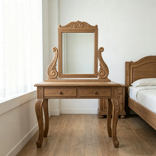 French Retro Carved Dressing Table 63" – Solid Ash Statement Piece