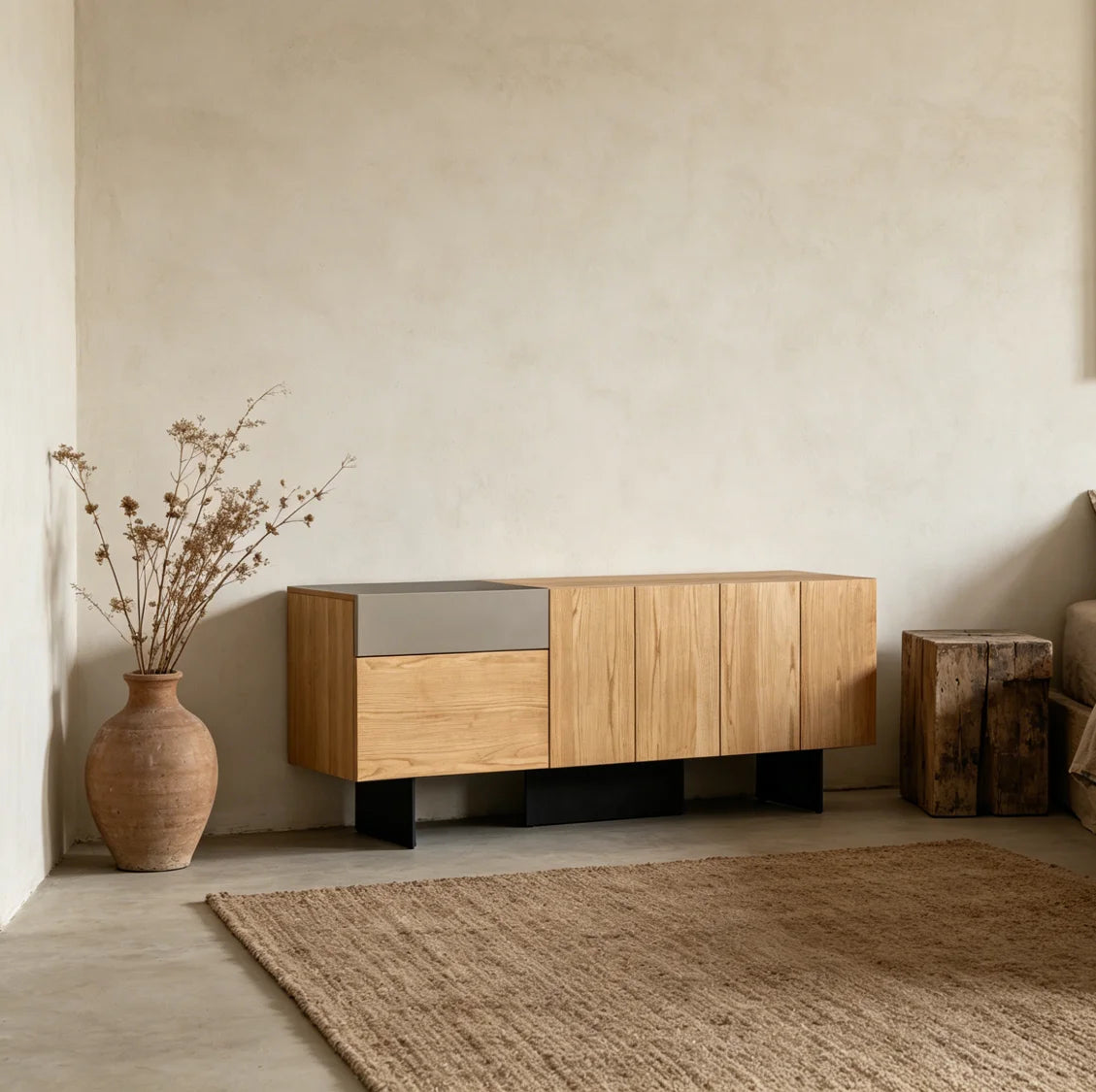 Natural Ash Wood Veneer Minimalist Dresser with Metal Frame