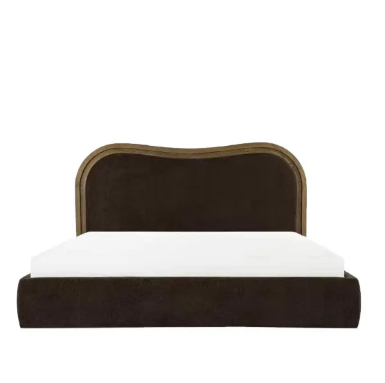 Platform Bed – Velvet Padded Headboard in Solid Birch – Modern French Style