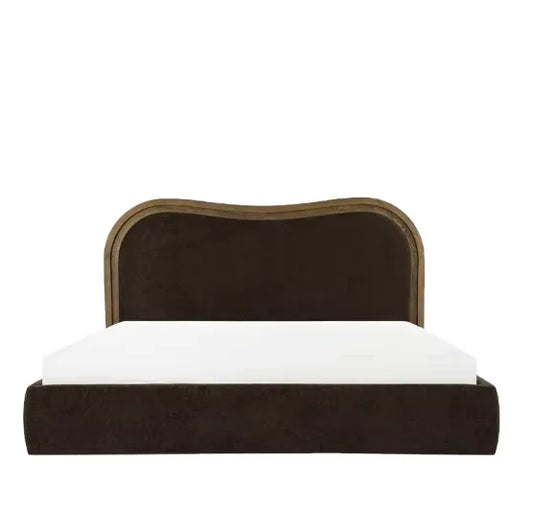 Platform Bed – Velvet Padded Headboard in Solid Birch – Modern French Style
