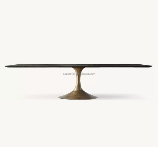Mid-Century Pedestal Dining Table – Sculptural Wood Top and Cast Steel Base | 1601371175444