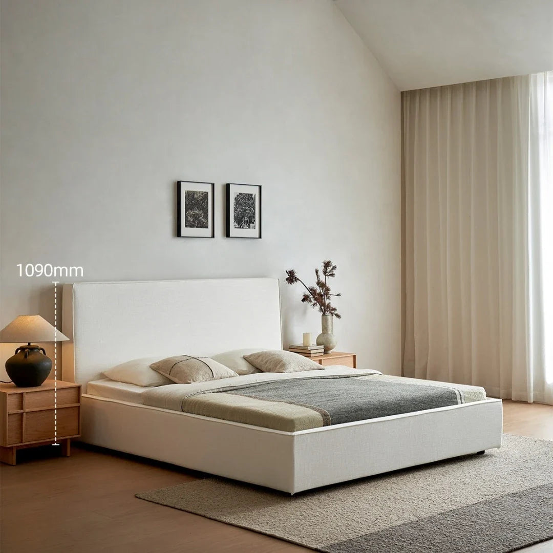Wabi-Sabi Upholstered Bed – Minimalist Platform Frame Linen Fabric Designer Piece