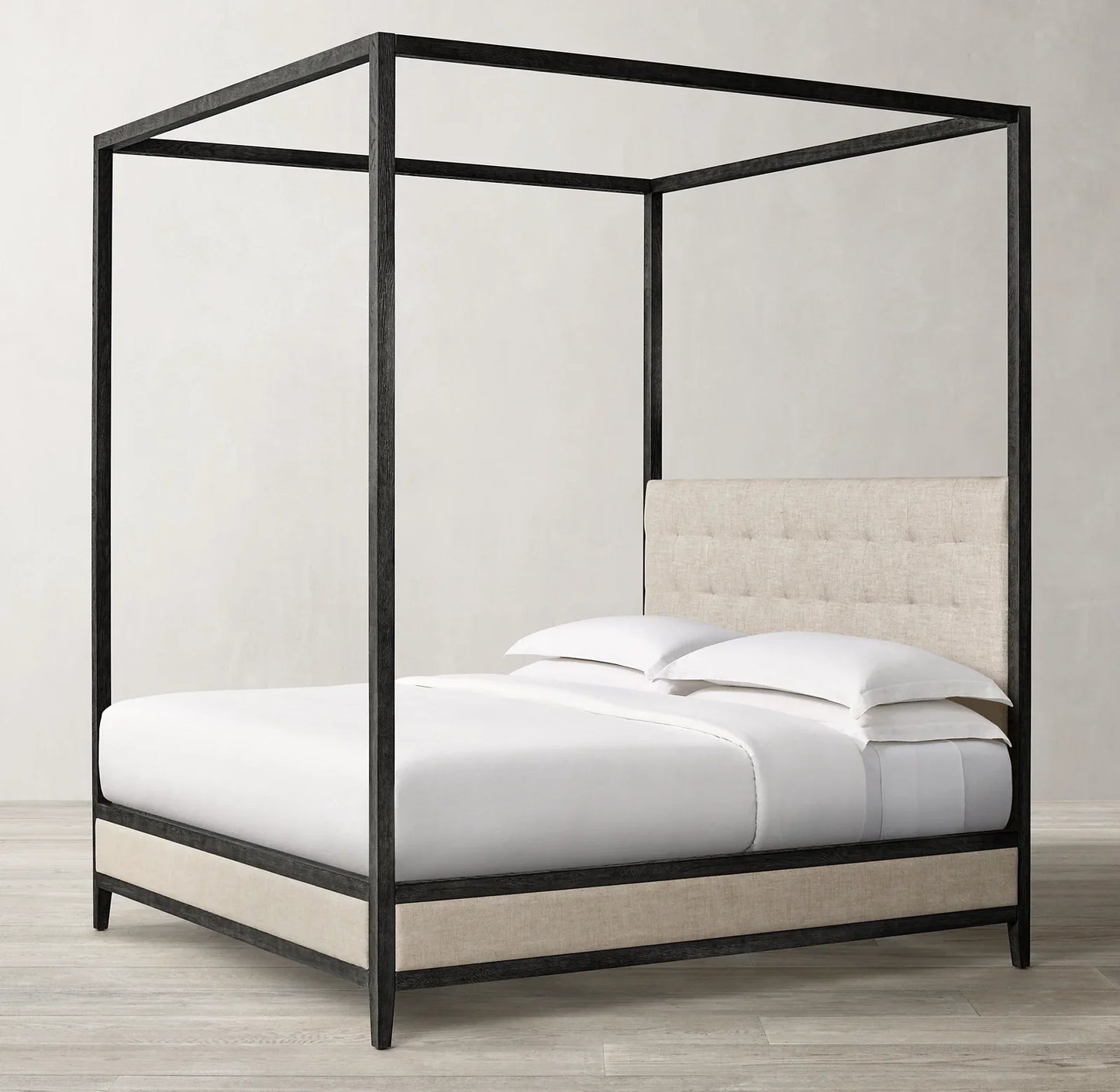 Canopy Bed – Fabric Tufted Panel – Oak Frame – French Contemporary | 1600850997524