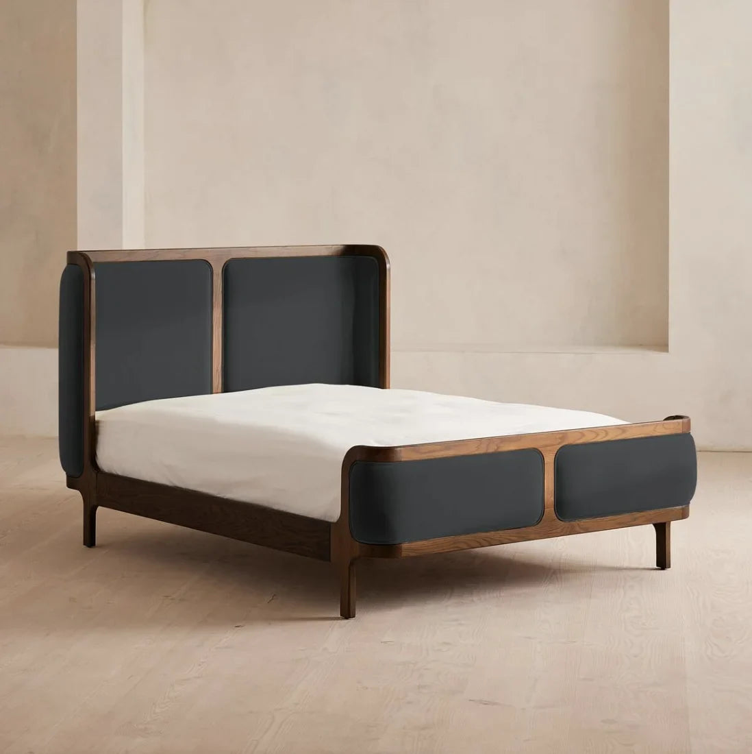 Belsa King Bed – Mid-Century Modern Velvet Upholstered Oak