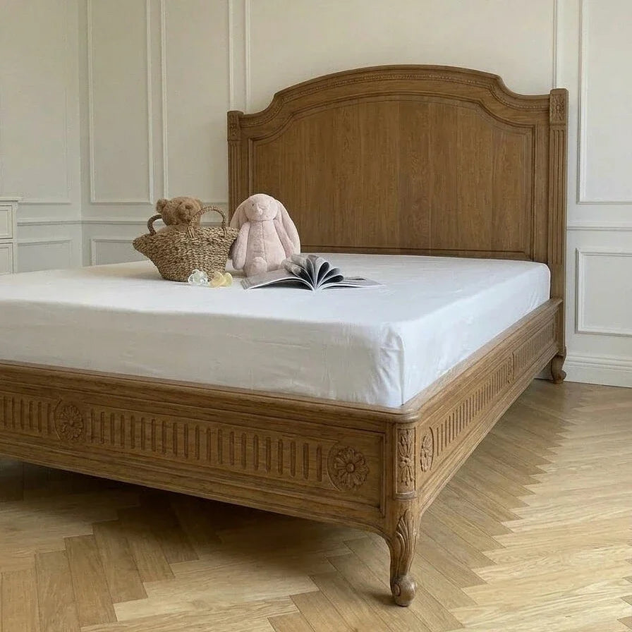 French Retro Carved Bed – Antique Birch Solid Wood Statement Piece | 26-31