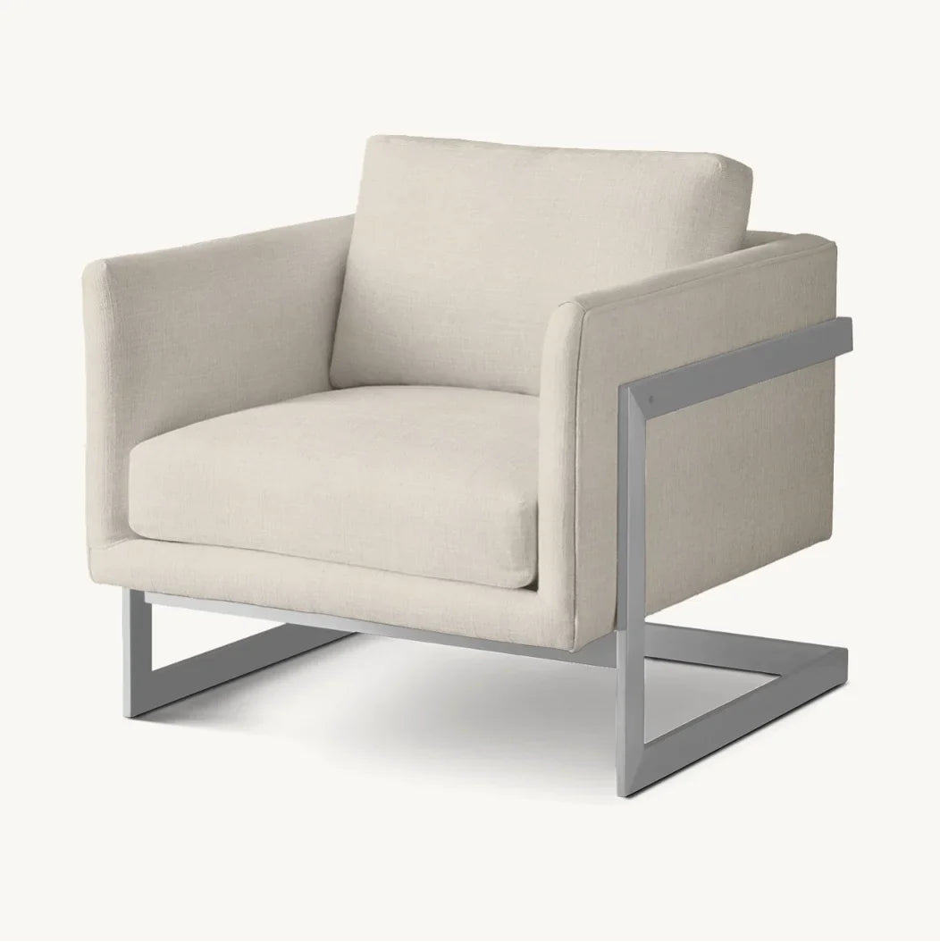 Modernist Lounge Chair – Grid-Tufted Cushion – Polished Steel – Milo