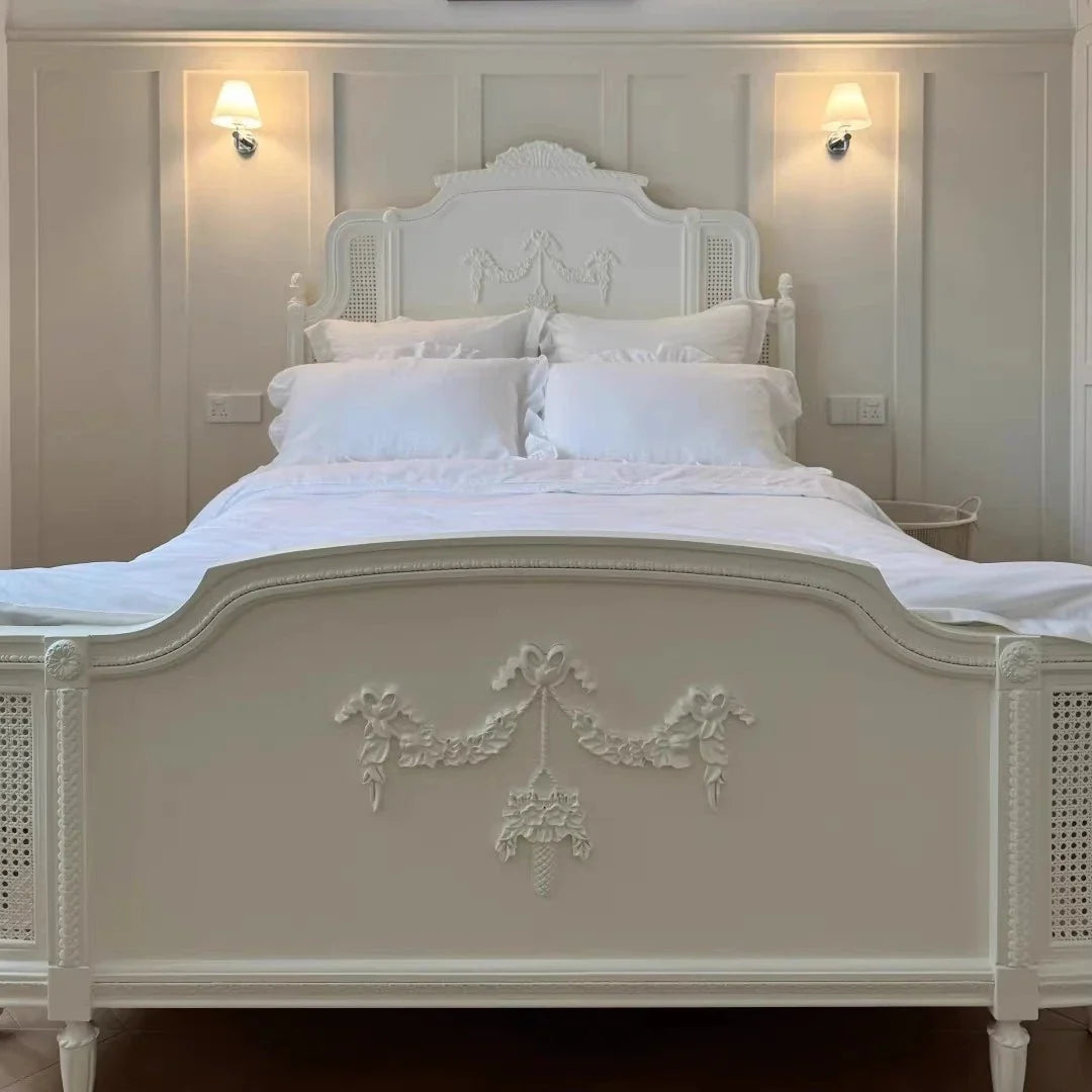 French Carved Bed – Rattan Princess Headboard in Cream White Solid Birch