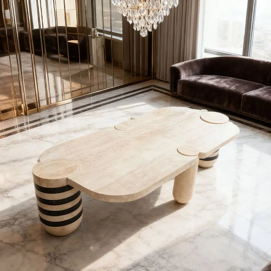Modern Minimalist Travertine and Marble Coffee Table