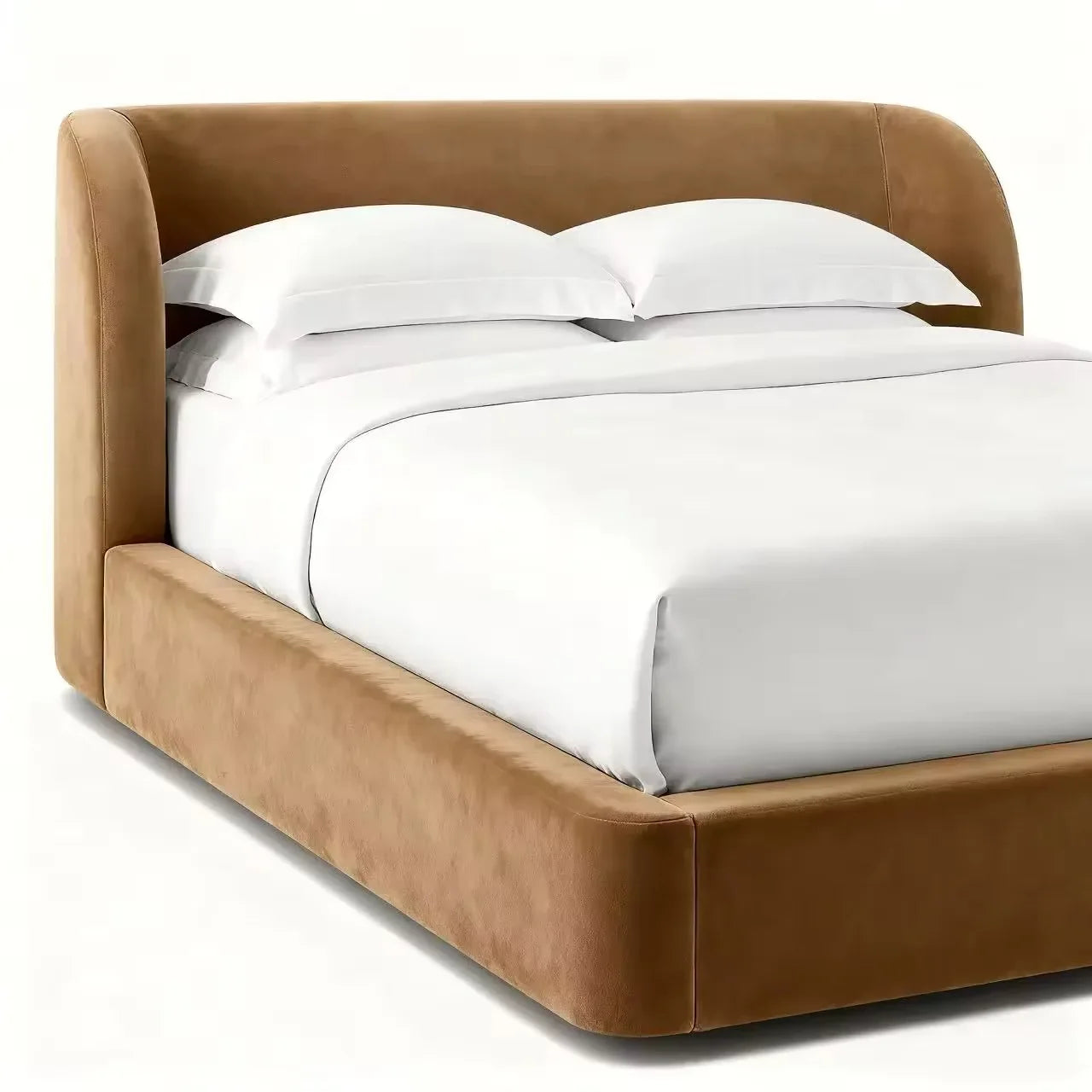 Italian Minimalist Upholstered Bed – Wrap-around Rice White Velvet Statement Piece