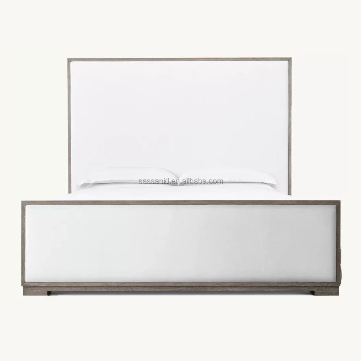 Modena Platform Bed – Tufted Fabric Framed Panel – Grey Oak European Luxury