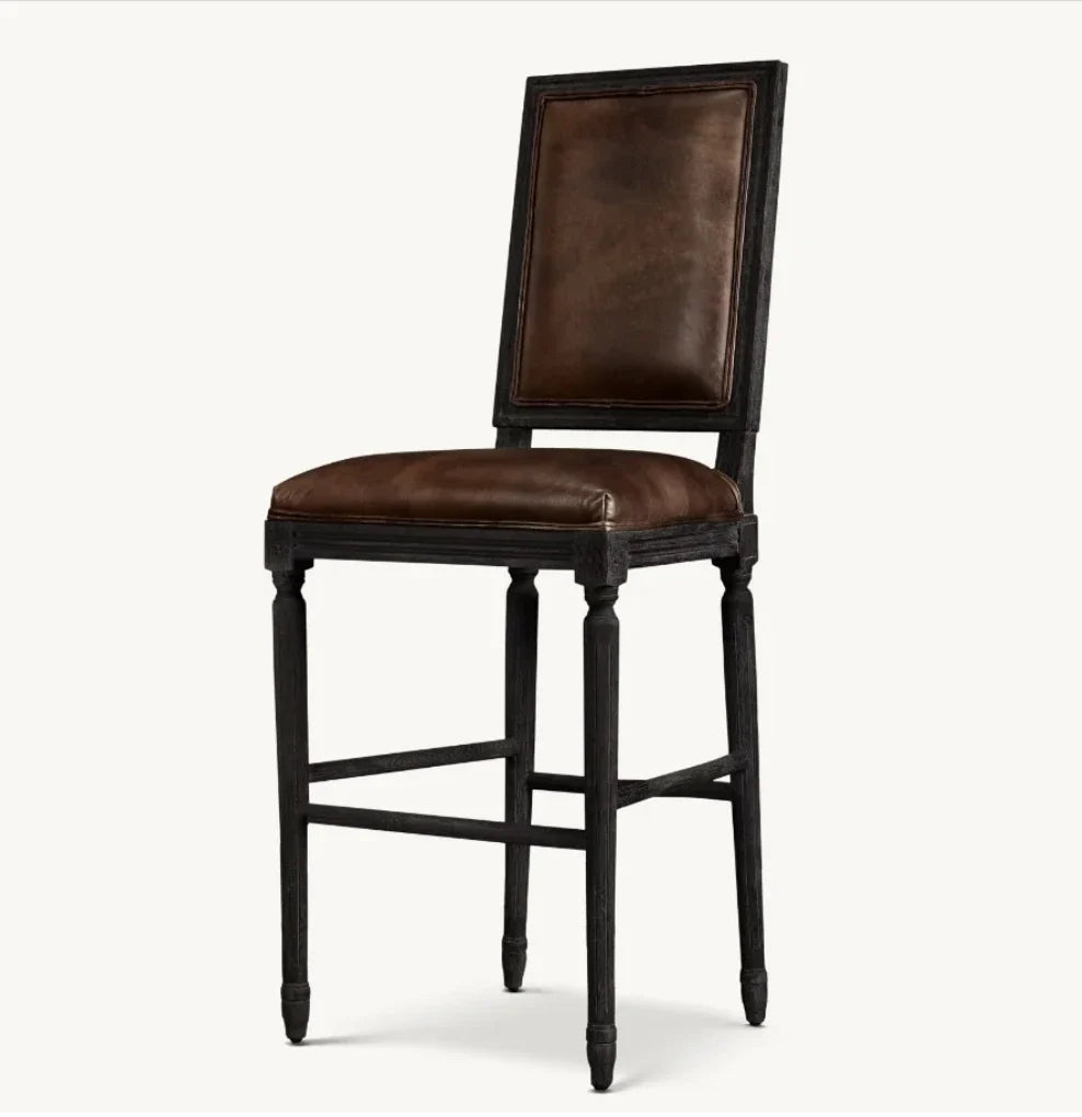 Counter Stool – Square Back Leather & Solid Oak Re Home Vintage French