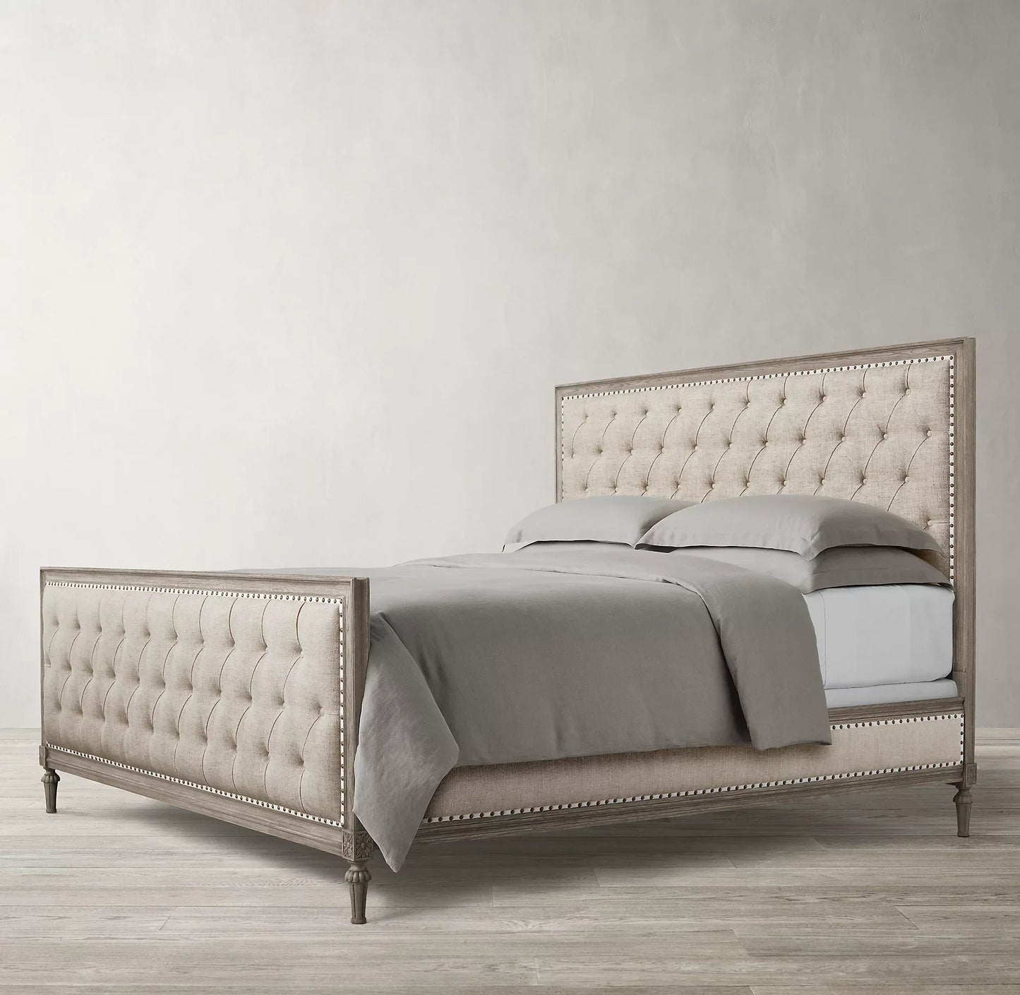 Midcentury French Panel Bed – Diamond-Tufted Wing Design in Oak | 1600681065538