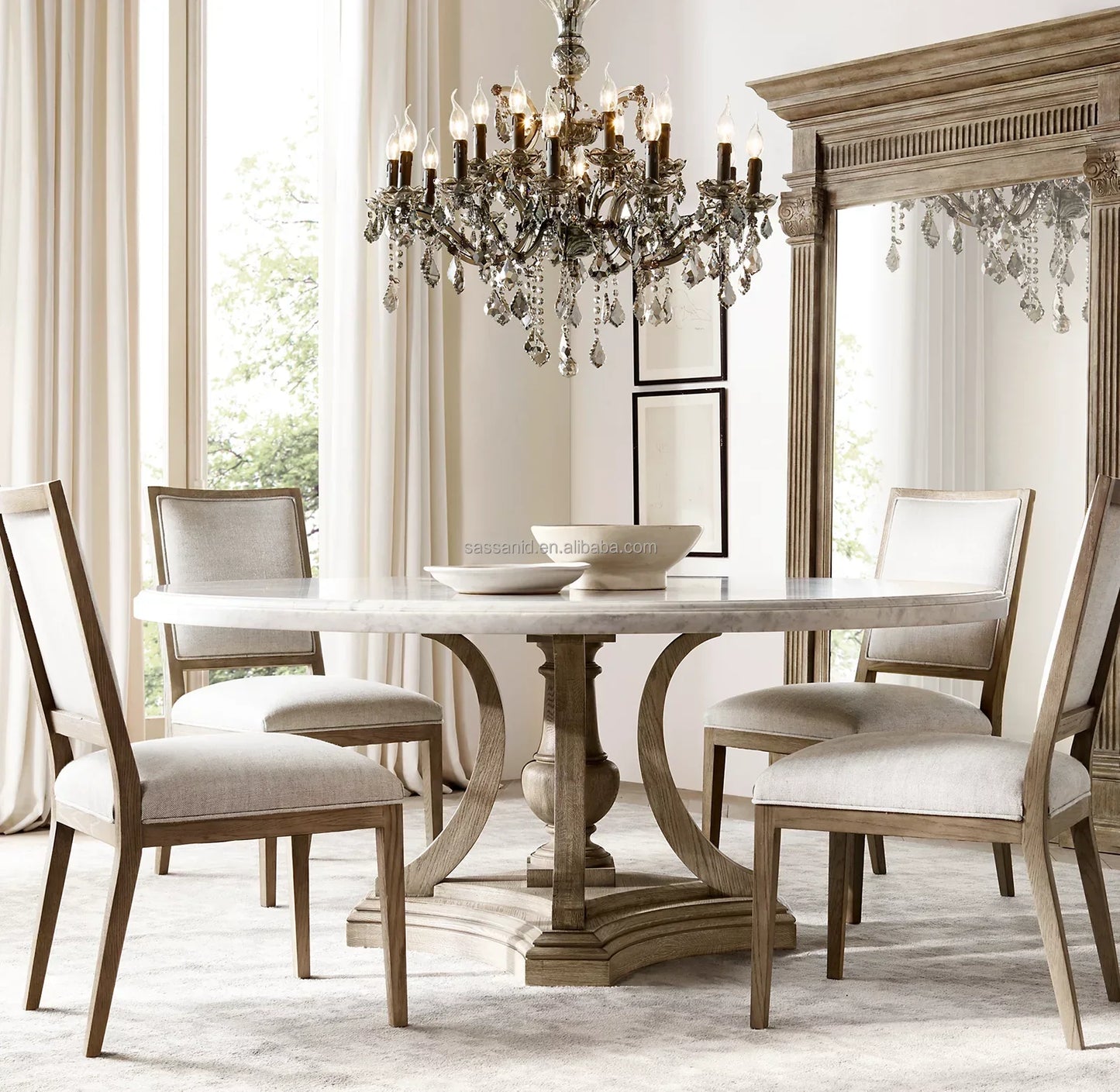St. James Round Dining Table – Honed Carrara Marble & Hardwood