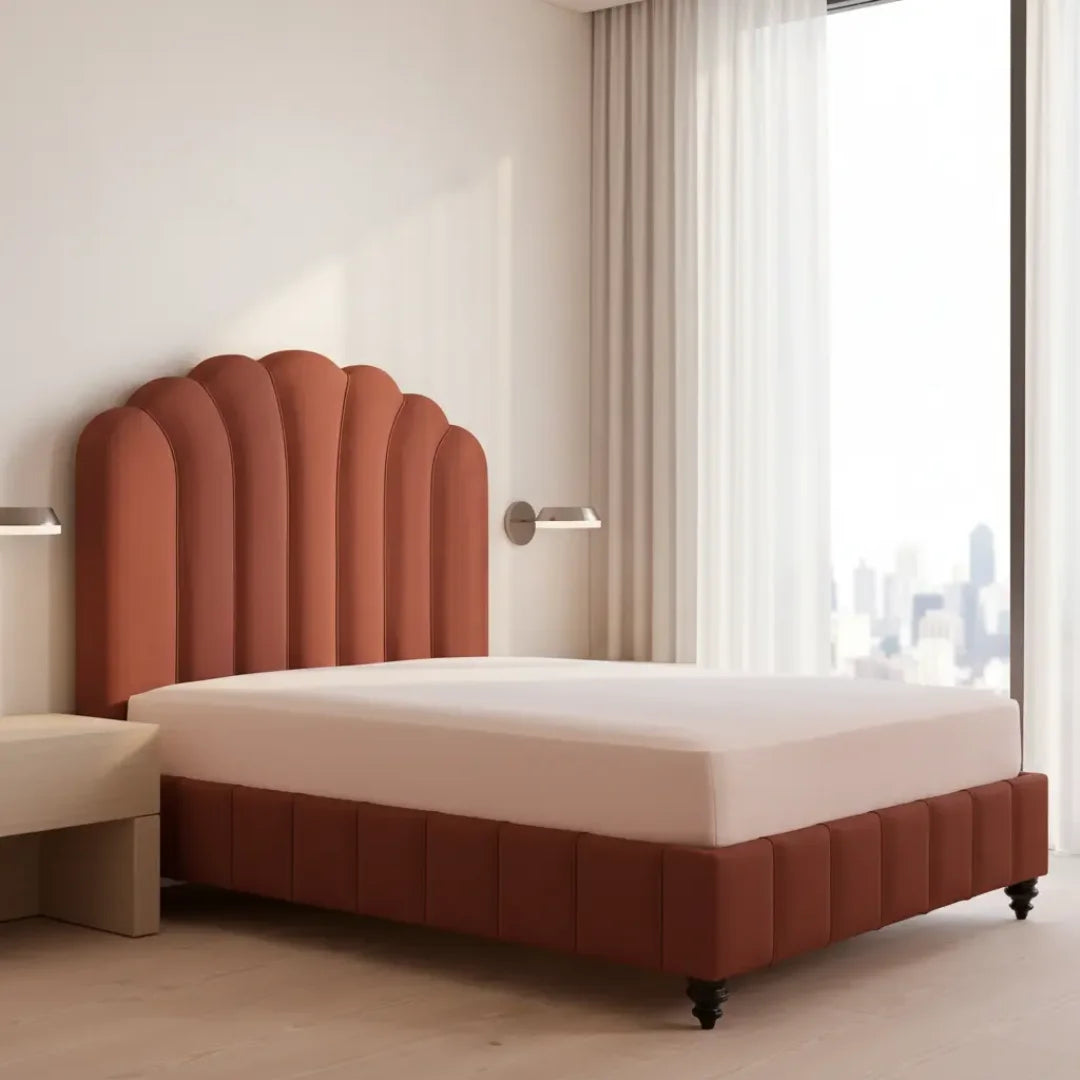 French Retro High-Back Bed – Velvet Upholstered Nordic Refined Piece | 985741