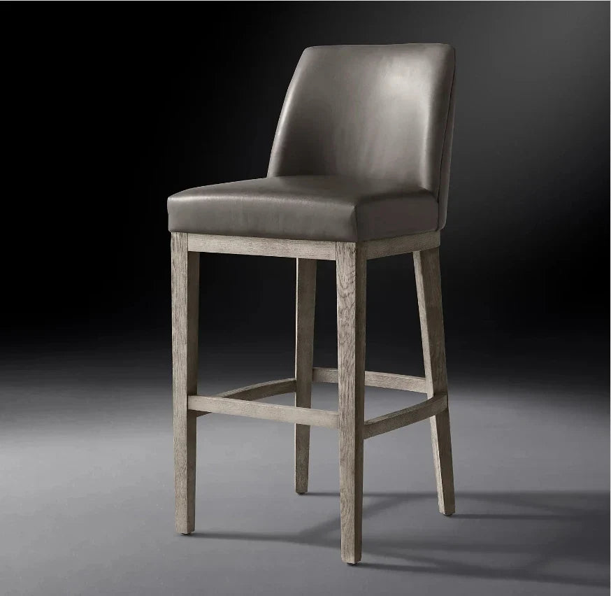 Morgan Curved-Back Leather Bar & Counter Stool – Mid-Century European Oak Statement Piece