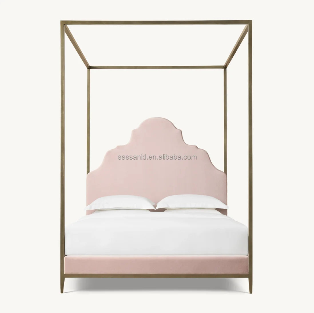 Modern Upholstered Canopy Bed – Dusty Petal Finish with Aged Brass Accents