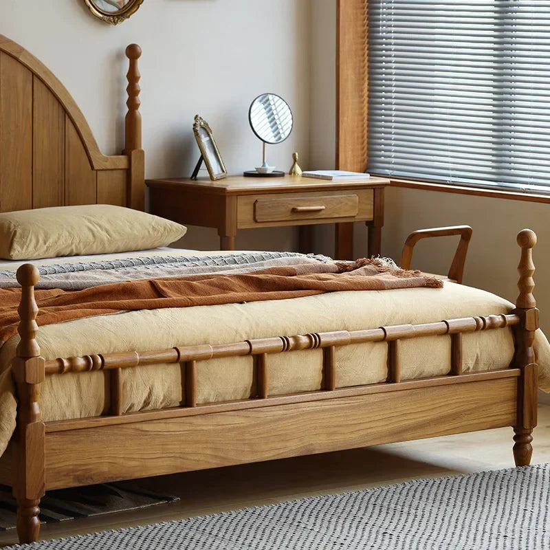 French Retro Solid Wood Bed – Hand-Carved Birch Master Bedroom Statement Piece | 847