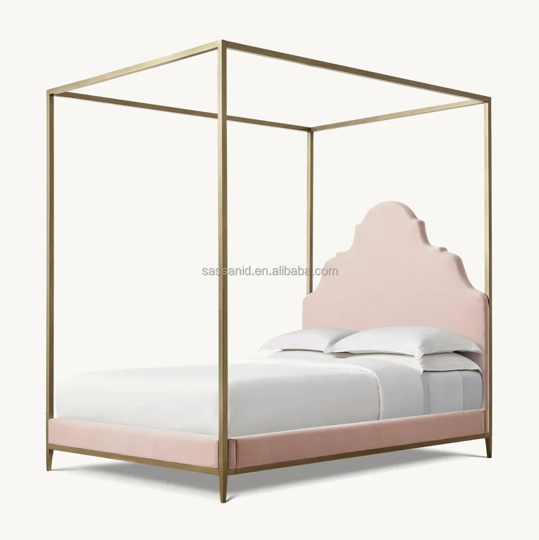 Modern Upholstered Canopy Bed – Dusty Petal Finish with Aged Brass Accents