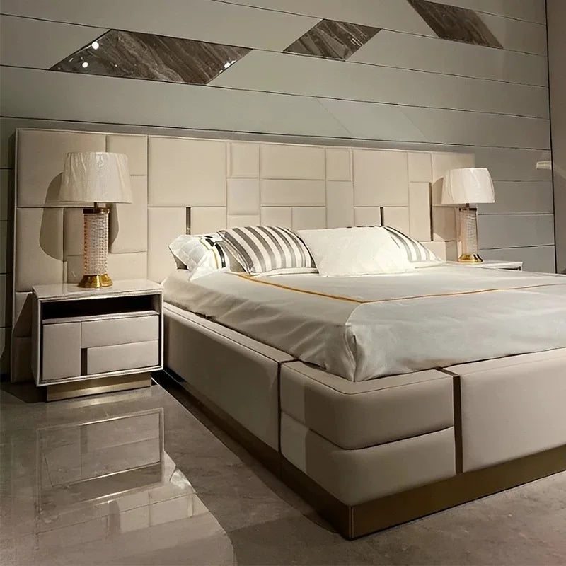 Modern European King Bed – Wide Headboard Pine Frame Statement Piece