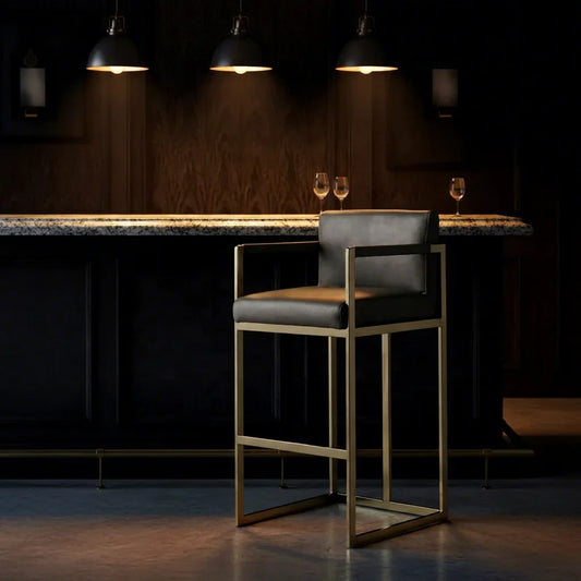 Modernist Bar Stool – Square Leather Seat with Brass Finish – Mid-Century Statement Piece