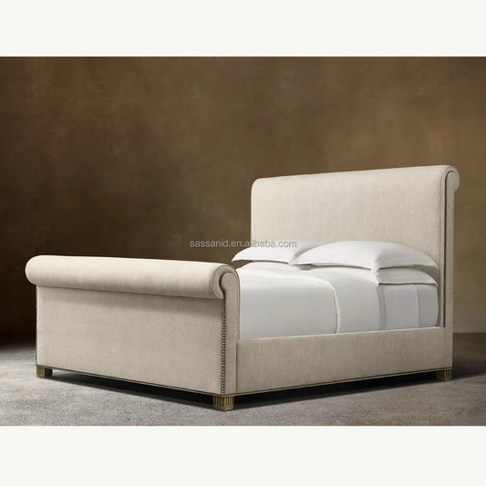 Vendome Fabric Panel Bed – Sculptural Sand Upholstered Statement Piece