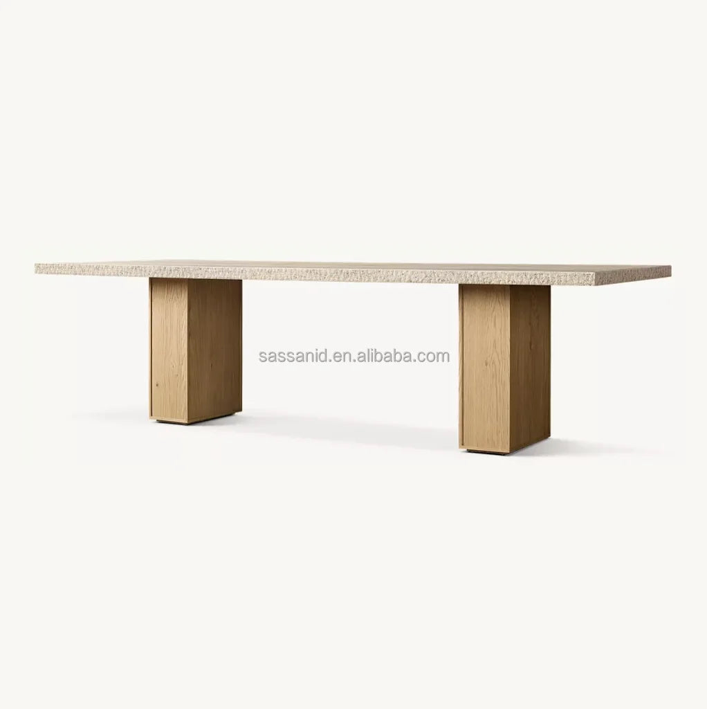 Travertine Top Dining Table – Stone & Wood – Minimalist | 1601660757910