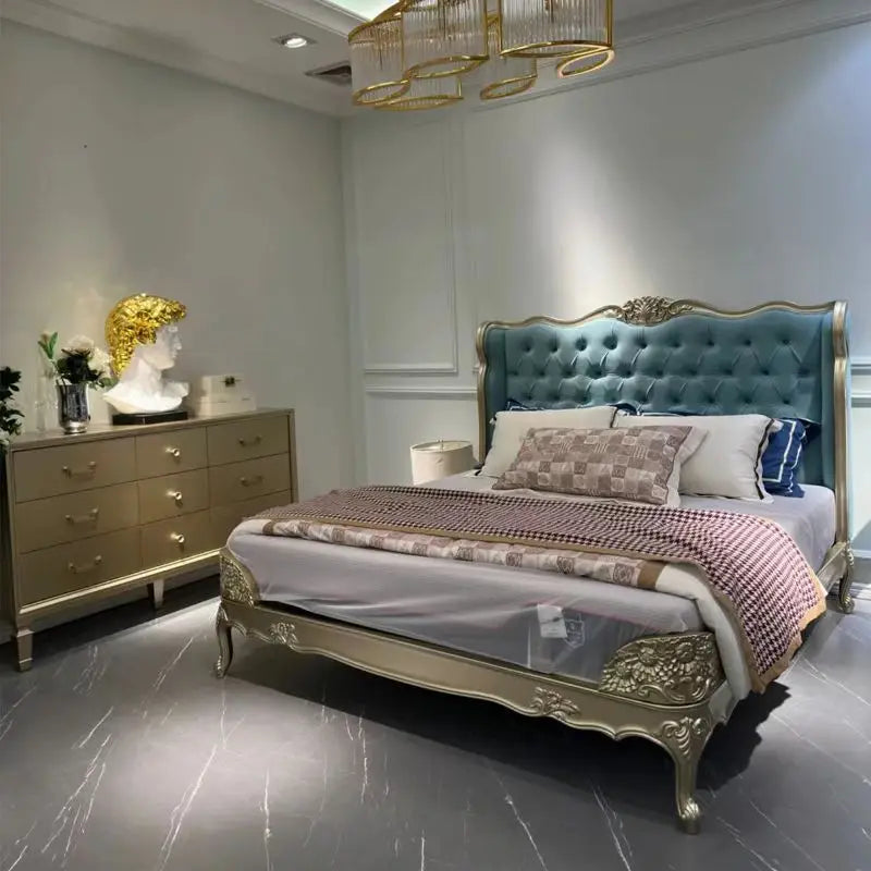 French Provincial Upholstered Bed – Hand-Carved Distressed Gold Solid Wood