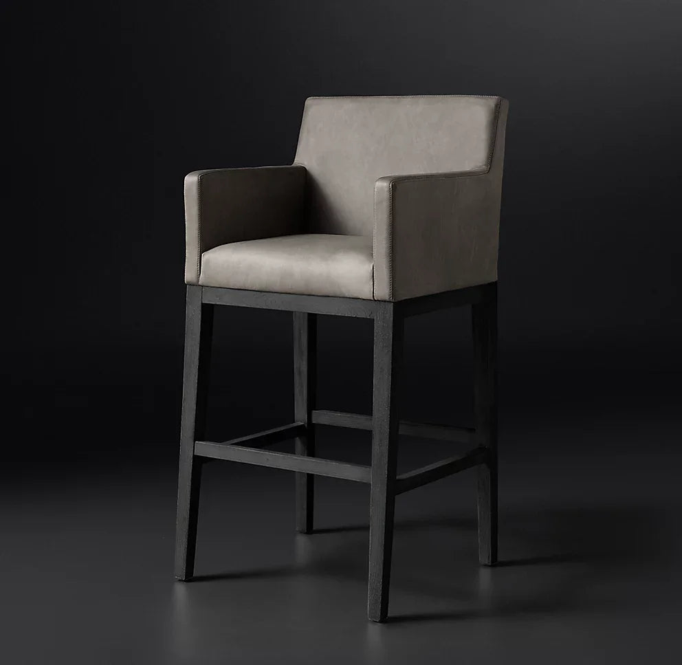 Leather Bar Stool with Track Arms – Mid-Century European Oak Statement Piece