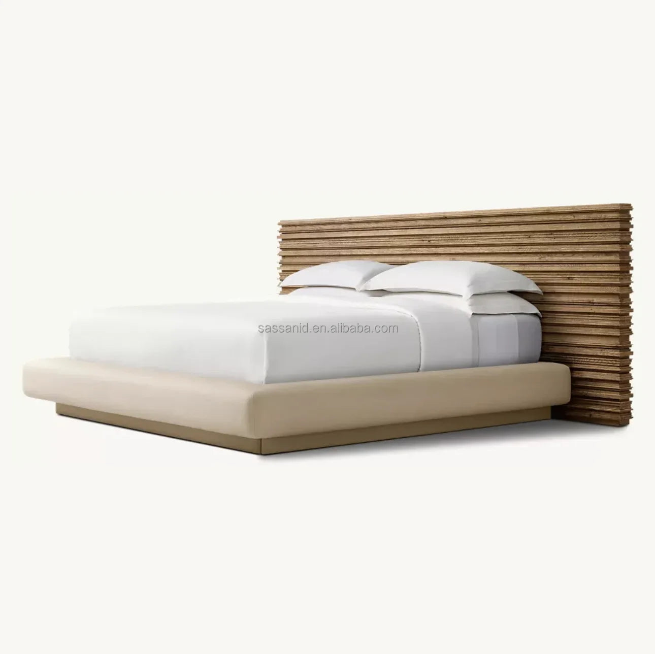 Modern Platform Bed – Extended Panel Headboard in Weathered Oak & Fabric