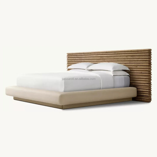 Modern Platform Bed – Extended Panel Headboard in Weathered Oak & Fabric